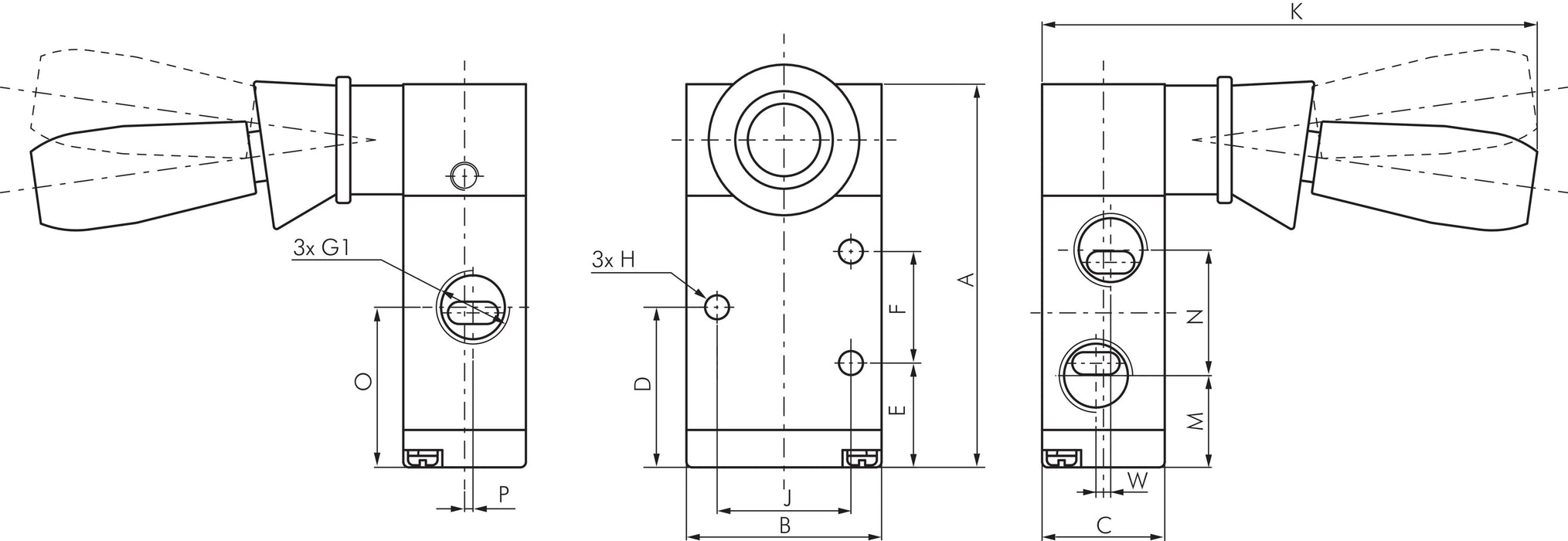 3/2-Wege Handhebelventil, Federrückstellung, G 1/4"