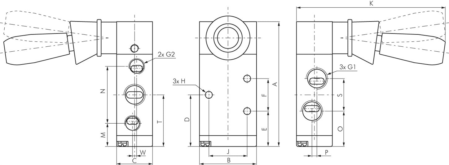 5/2-Wege Handhebelventil, Federrückstellung, G 1/8"