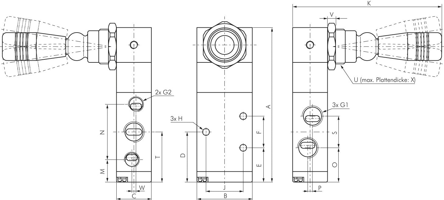 5/3-Wege Handhebelventil, G 1/8", Mittelstellung geschlossen, Raste