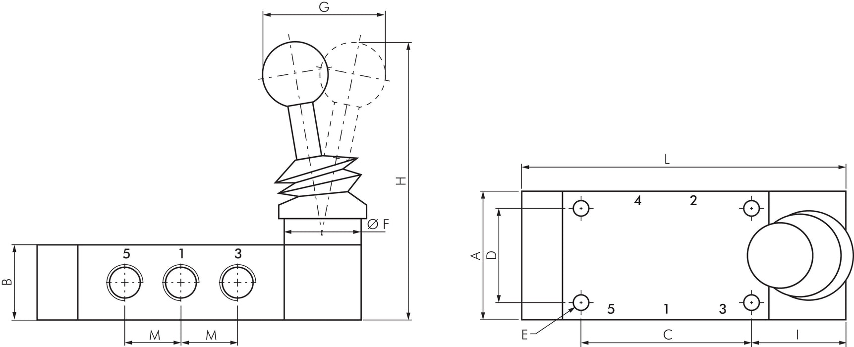 5/3-Wege Handhebelventil, Mittelstellung geschlossen, Federrückstellung, G 1/4"