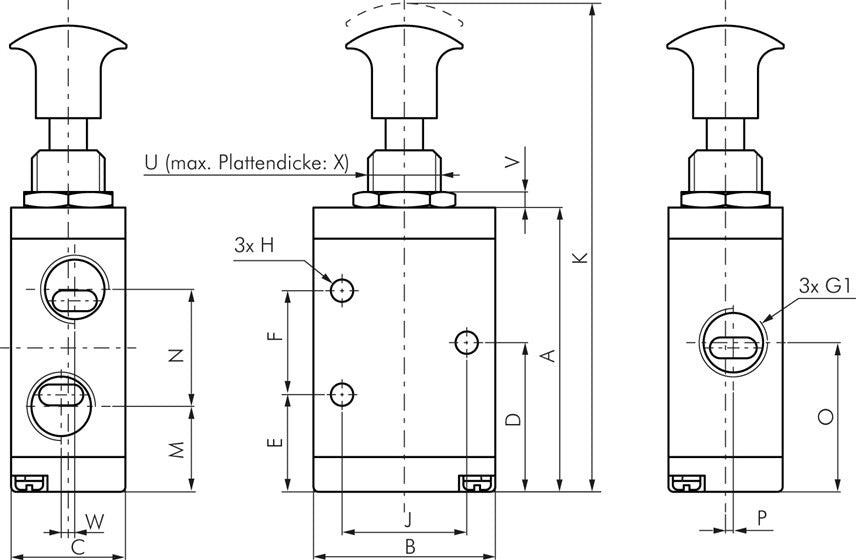 3/2-Wege Axial-Handhebelventil, Federrückstellung, G 1/2"