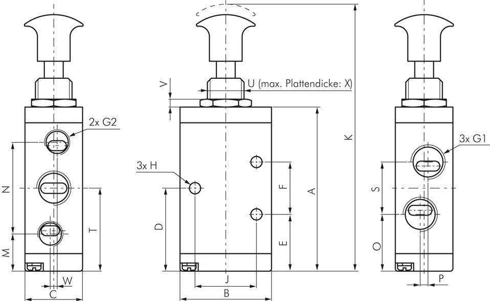 5/2-Wege Axial-Handhebelventil, Federrückstellung, G 1/4"