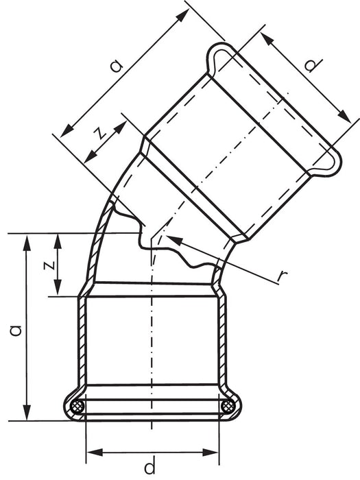 Press fitting, 45° bend, 22mm inside, 1.4404