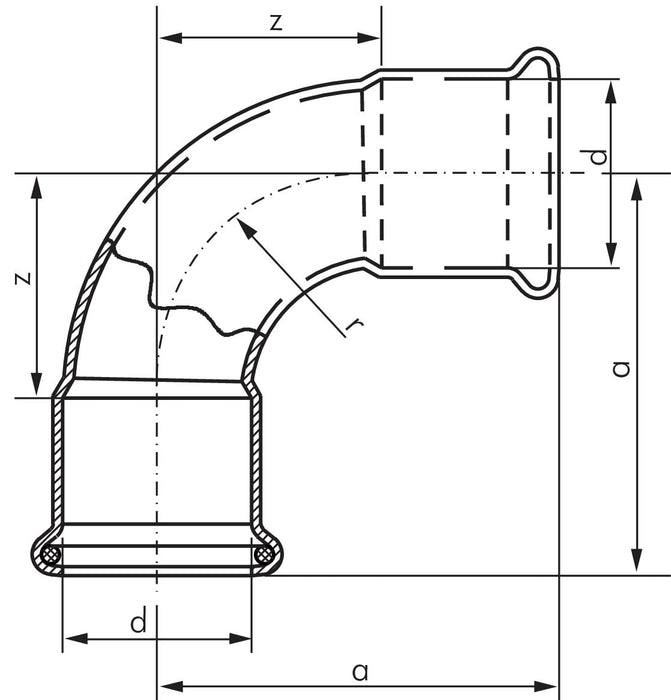 Raccord à sertir, coude à 90°, 42 mm intérieur, 1.4404