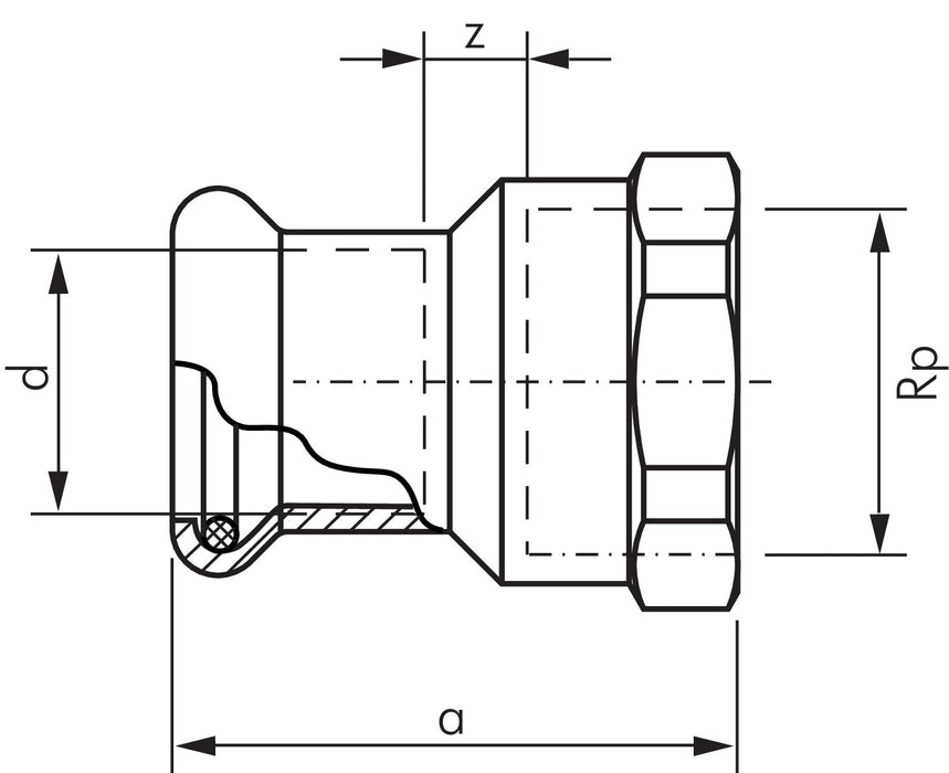 Pressfitting, Übergangsmuffe 15mm innen / Rp 1/2" IG