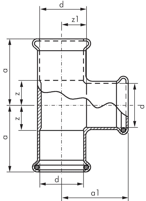 Raccord à sertir, pièce en T, 28 mm intérieur, 1.4404