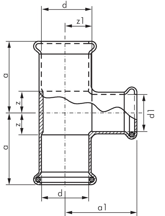 Raccord à sertir, pièce en T, 22x15mm intérieur, 1.4404