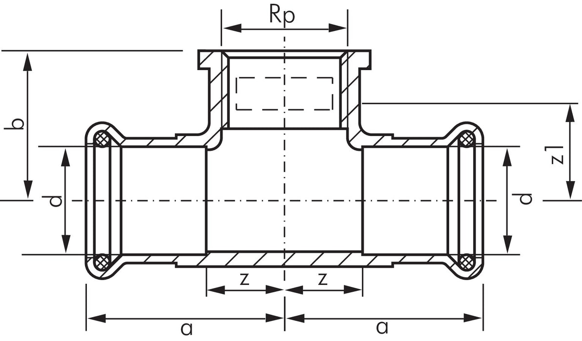 Pressfitting, T-Stück, 18mm, Rp 1/2" IG, 1.4404