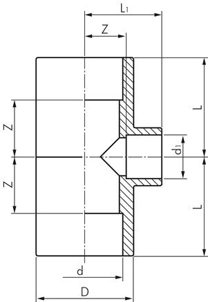 Adhesive sleeve T-piece, reduced, PVC-U, 50x32x50mm