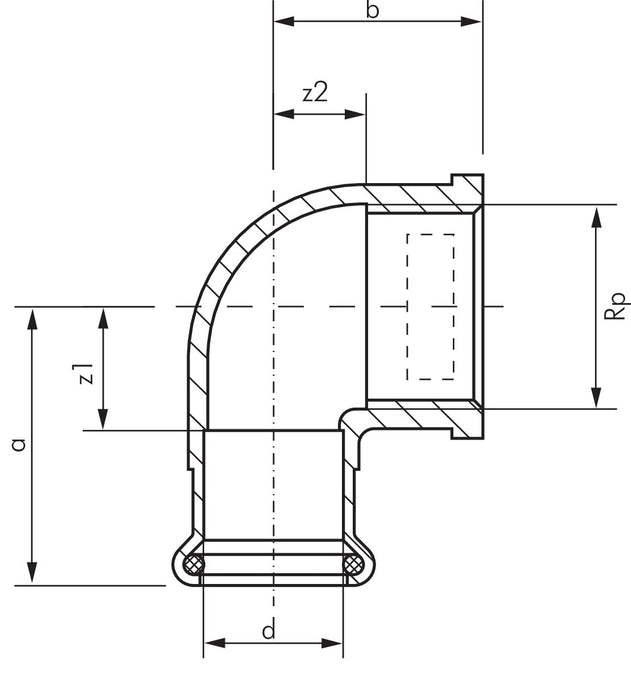 Raccord à sertir, angle, 42mm / Rp 1-1/2" IT, cuivre / alliage de cuivre