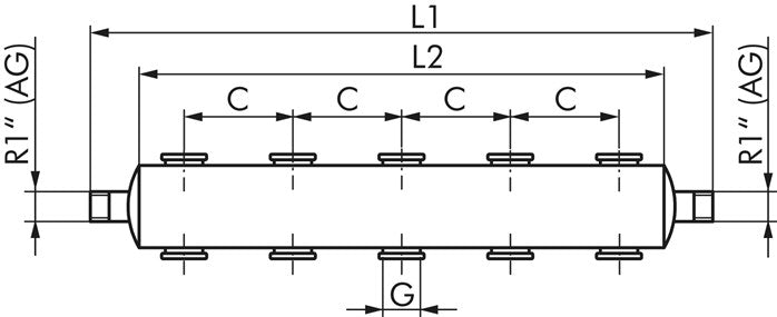 Distribution strip 2x R 1"-10x G 1/4", 1.4571