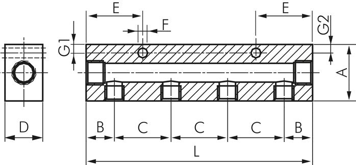 Distribution strip 2x G 1/4"-6x G 1/8", anodized aluminum