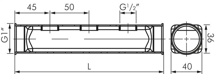 Distribution strip 2x G 1", outlets on one side 7x G 1/2"