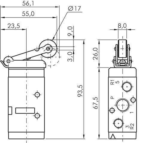 5/2-way limit switch with roller lever, plastic roller, G 1/4"