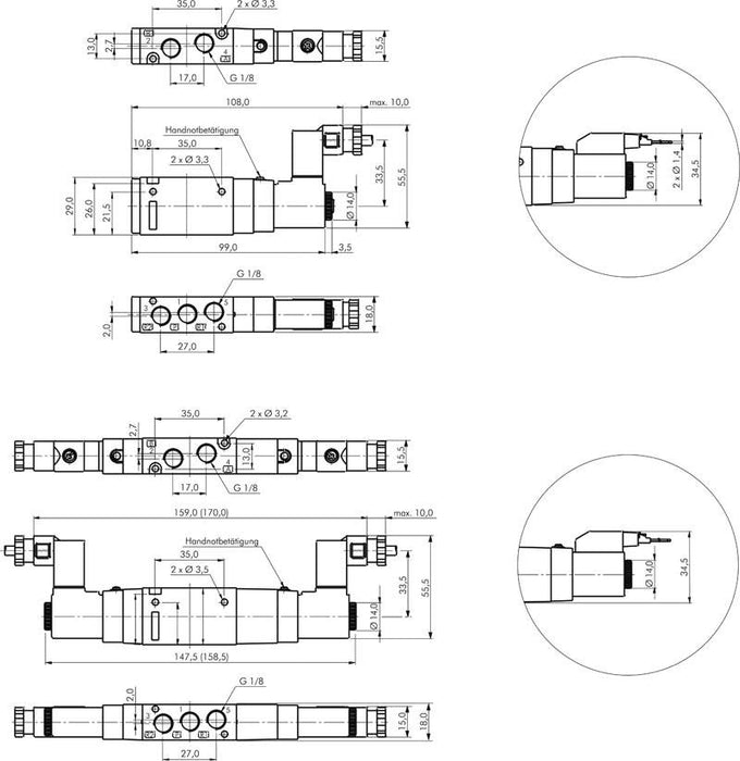 5/3-Wege Magnetventil, G 1/8", Mittelstellung belüftet, 24 V DC