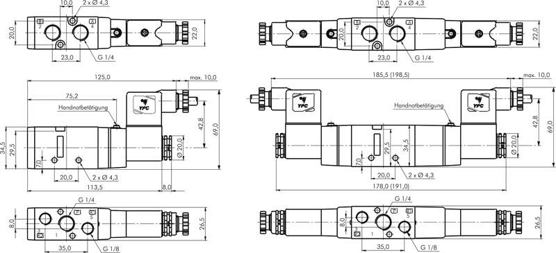 5/3-way solenoid valve, G 1/4", middle position closed, 24 V AC