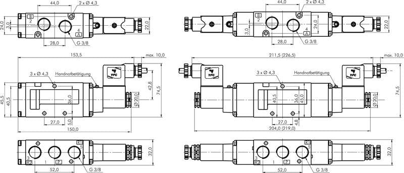 5/2-Wege Magnetventil, G 3/8", Impulsventil, 24 V AC