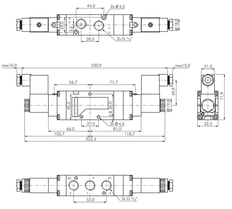 5/3-way solenoid valve, G 3/8", center position ventilated, 24 V DC