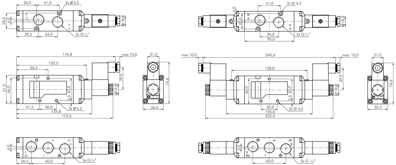 5/2-Wege Magnetventil, G 1/2", Federrückstellung, 12 V DC