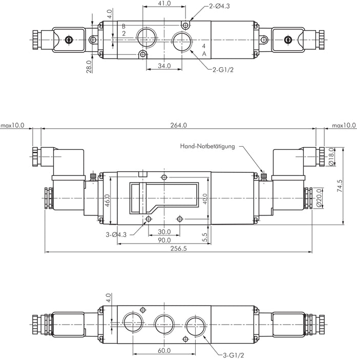 5/3-way solenoid valve, G 1/2", middle position closed, 12 V DC