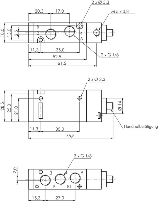 5/2-way pneumatic valve, G 1/8", spring return