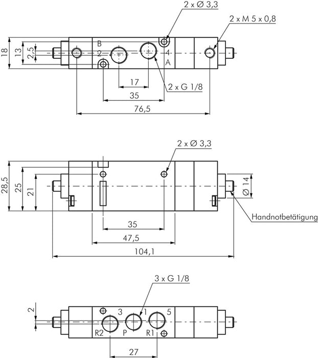 5/3-way pneumatic valve, G 1/8", ventilated in the middle position