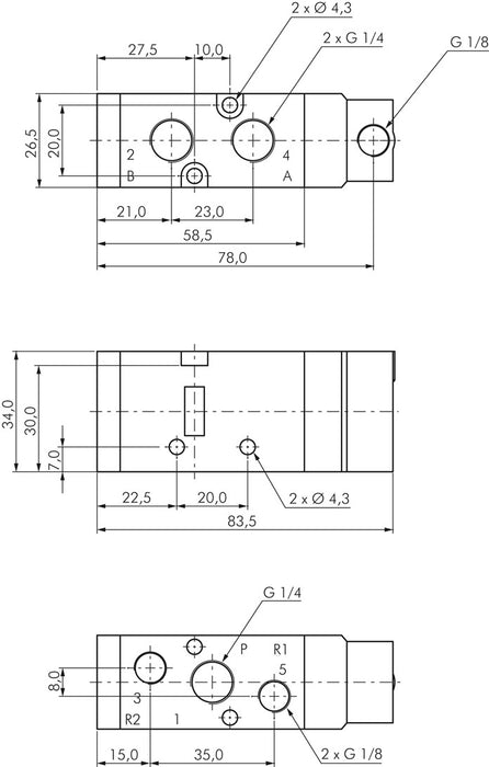 5/2-way pneumatic valve, G 1/4", spring return