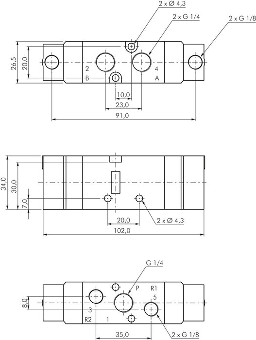 Vanne pneumatique 5/2 voies, G 1/4", vanne à impulsion