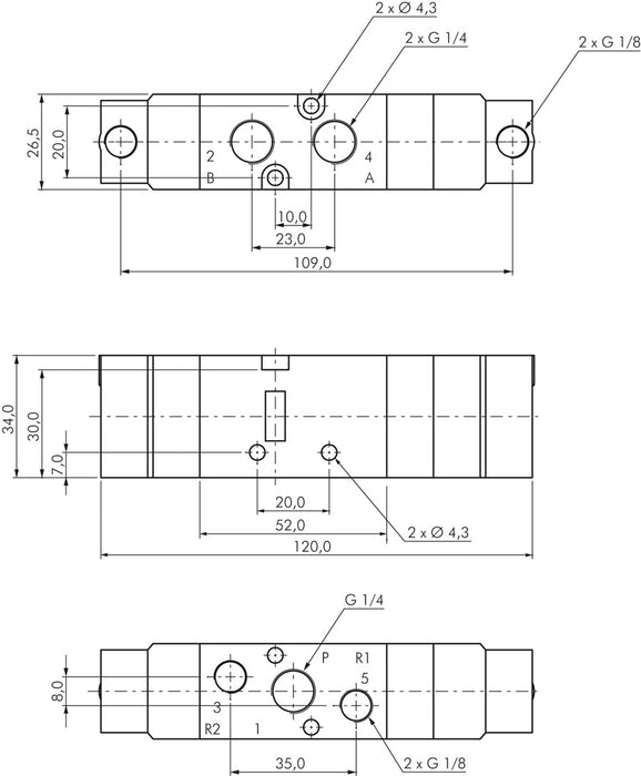 Vanne pneumatique 5/3 voies, G 1/4", position médiane fermée