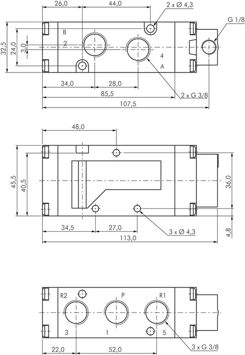 Vanne pneumatique 5/2 voies, G 3/8", rappel par ressort