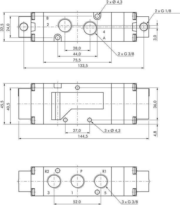 5/3-way pneumatic valve, G 3/8", middle position closed