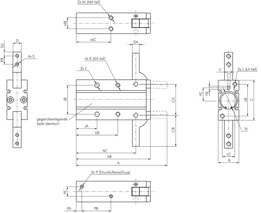 Pince coudée 180°, piston 20mm, double effet