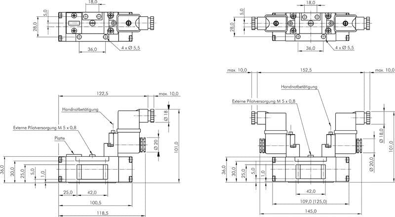 Vanne ISO (taille 1), 5/3 voies, position centrale ventilée, 12 V DC