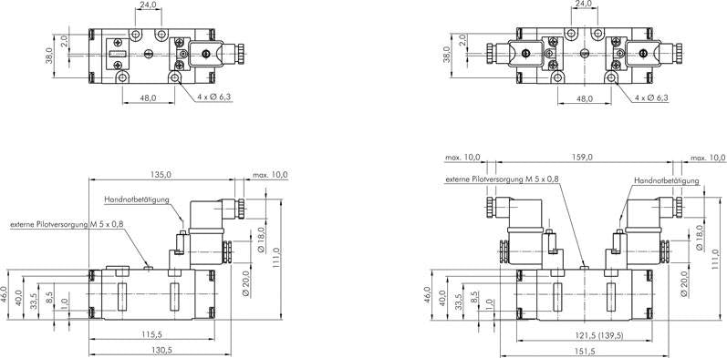 Vanne ISO (taille 2), 5/3 voies, position centrale ventilée, 12 V DC