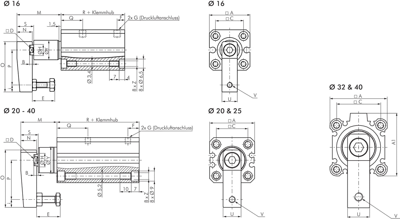 Pince pivotante / cylindre de serrage Ø 32 mm, course de serrage 50 mm, orientation vers la gauche (pivote contre le d. lors du serrage