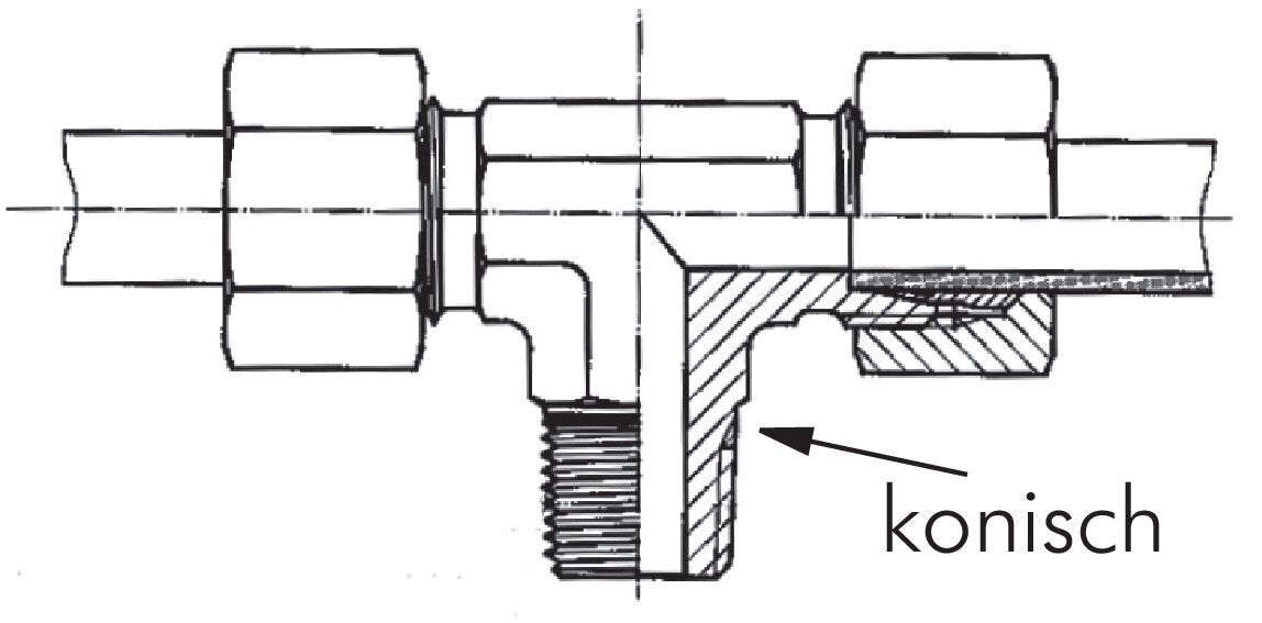 T-Schneidringverschraubung M 12x1,5 (konisch)-8 L (M14x1,5), 1.4571