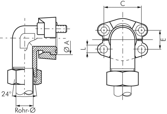 Winkel-Flanschverschraubung 1-1/4"-SAE (6000 PSI), 38 S (M52x2)