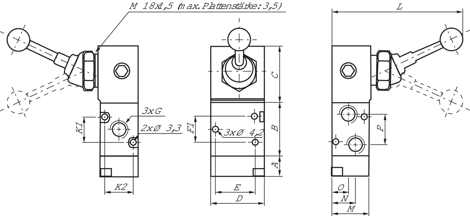 3/2-way hand lever valve, spring return, G 1/8"