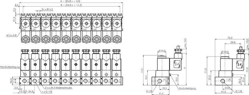 3/2-Wege Magnetventil, G 1/8", Federrückstellung (NO), 24 V DC