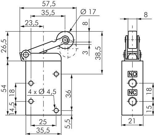 3/2-way limit switch G 1/8", roller lever, plastic roller