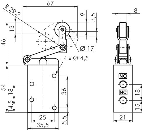 3/2-Wege Endschalter G 1/8", Leerrücklaufrolle, Rolle aus Kunststoff