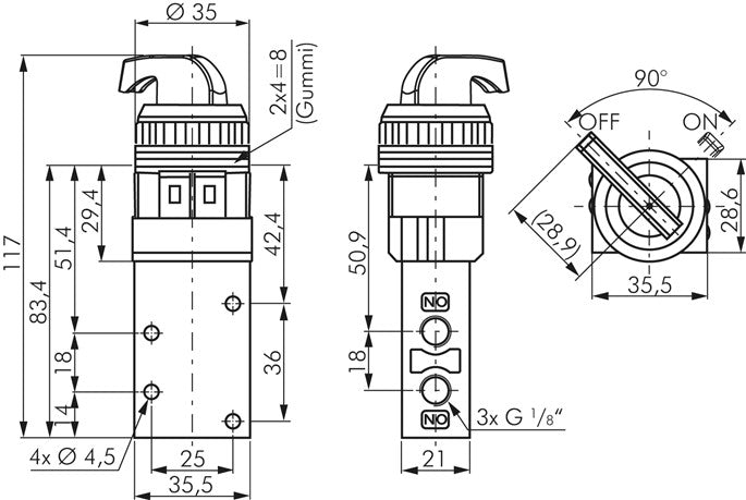 Vanne 3/2 voies G 1/8", interrupteur rotatif noir