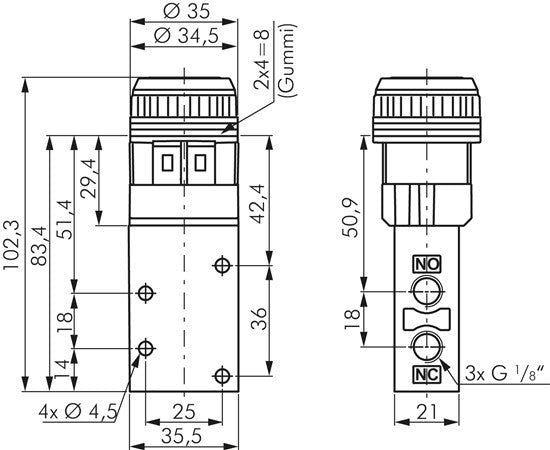 Vanne 3/2 voies G 1/8", bouton-poussoir vert