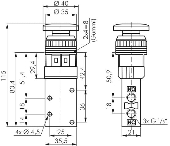 Vanne 3/2 voies G 1/8", bouton champignon vert