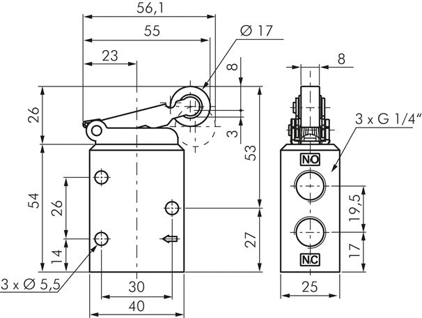 3/2-way limit switch G 1/4", roller lever, plastic roller