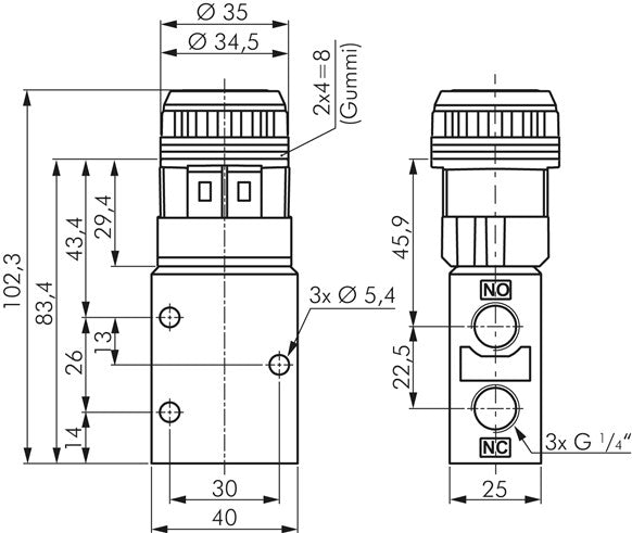 Vanne 3/2 voies G 1/4", bouton-poussoir vert