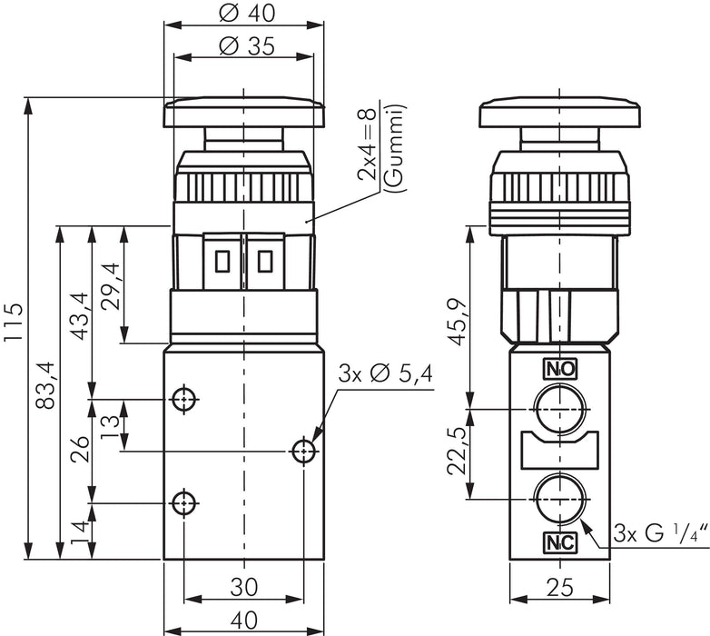 3/2-Wege Ventil G 1/4", Pilztaster grün