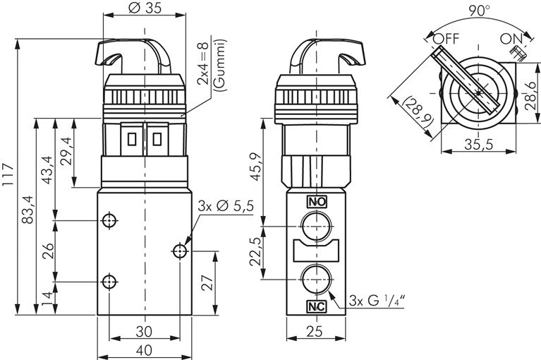 Vanne 3/2 voies G 1/4", interrupteur rotatif noir