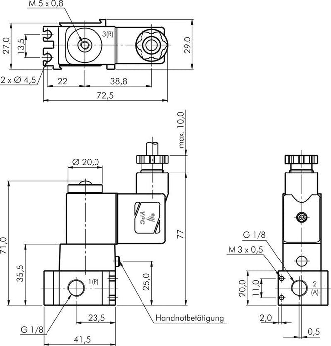 3/2-Wege Magnetventil, G 1/8", Federrückstellung (NC), 24 V DC