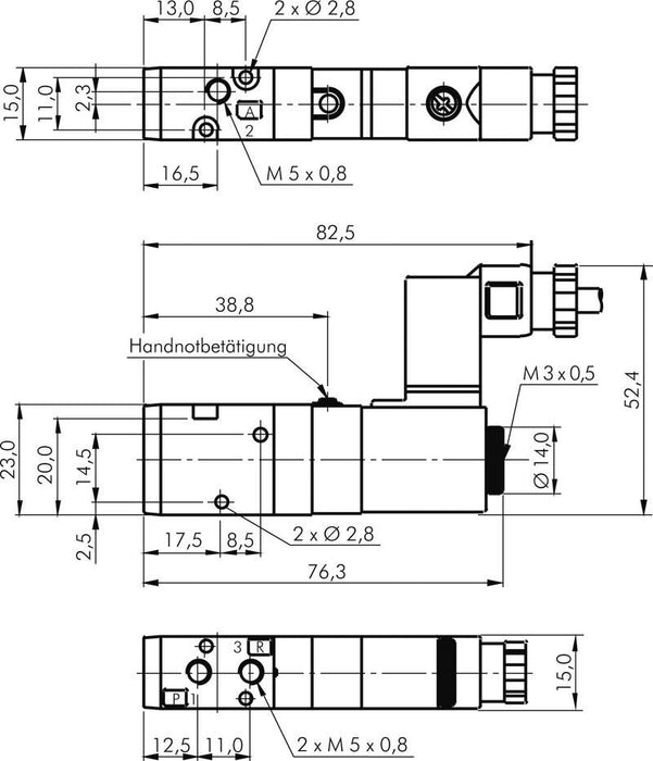 3/2-Wege Magnetventil, M 5, Federrückstellung (NO), 230 V AC